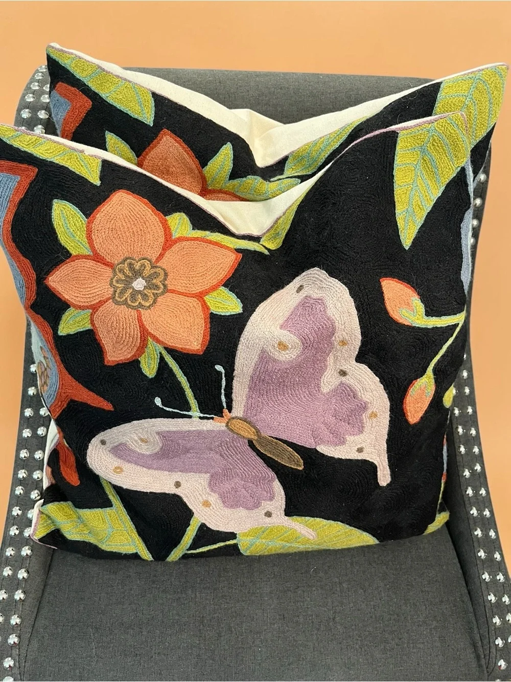 Set of 2 Handmade Kashmir Wool Butterfly Throw Pillows Floral Cottagecore Boho